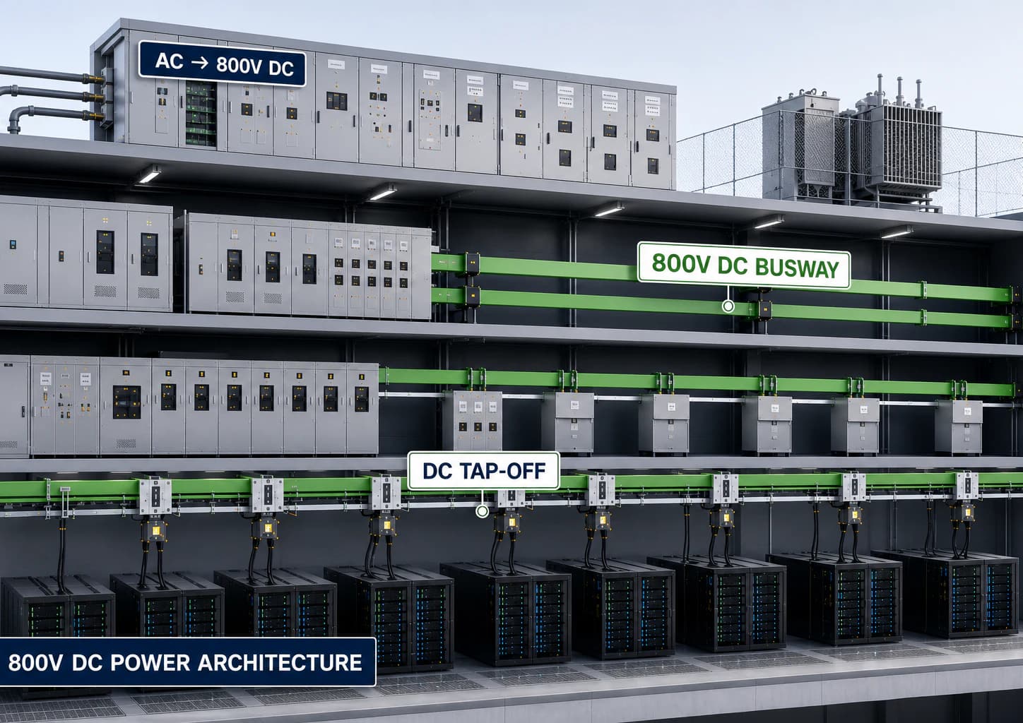 Concept illustration of power-distribution equipment for an AI data center DC architecture