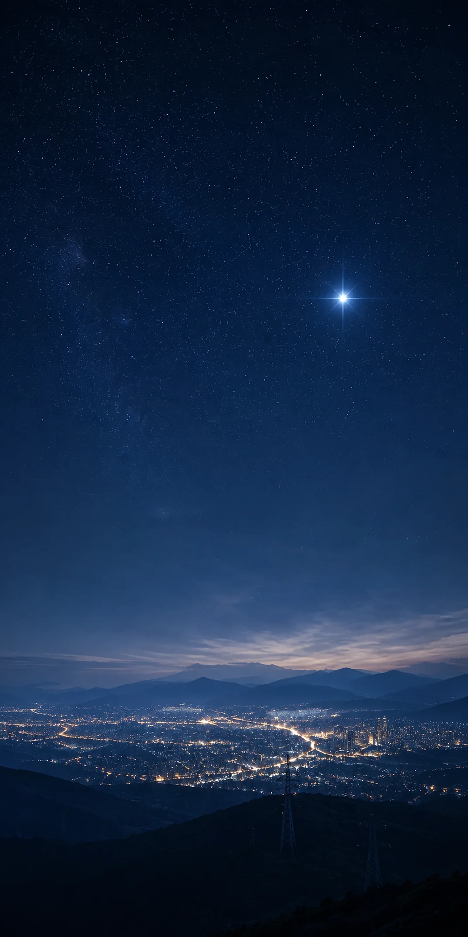 Power-transmission network and city lights beneath the North Star