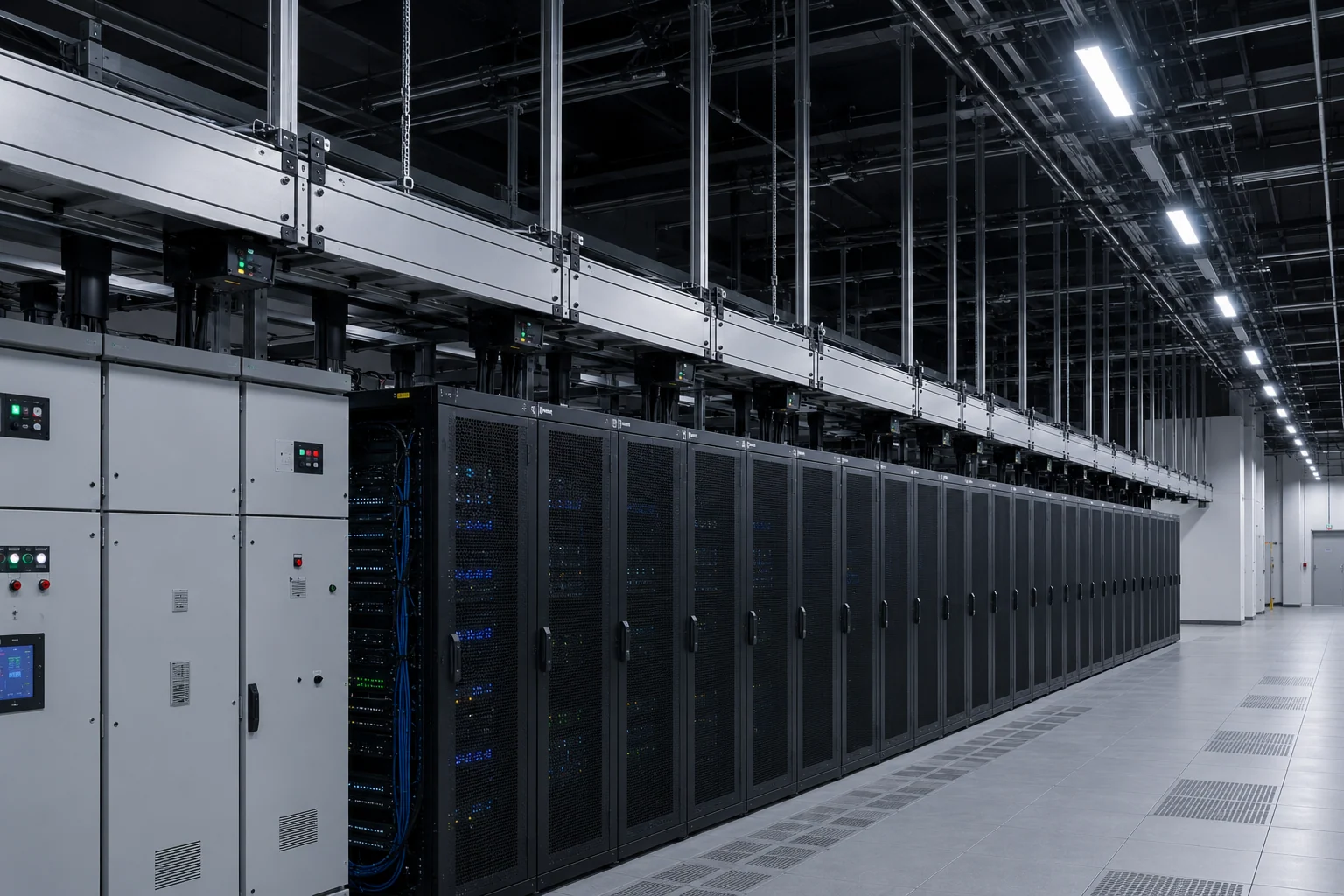 AI computing facility with overhead busway distribution